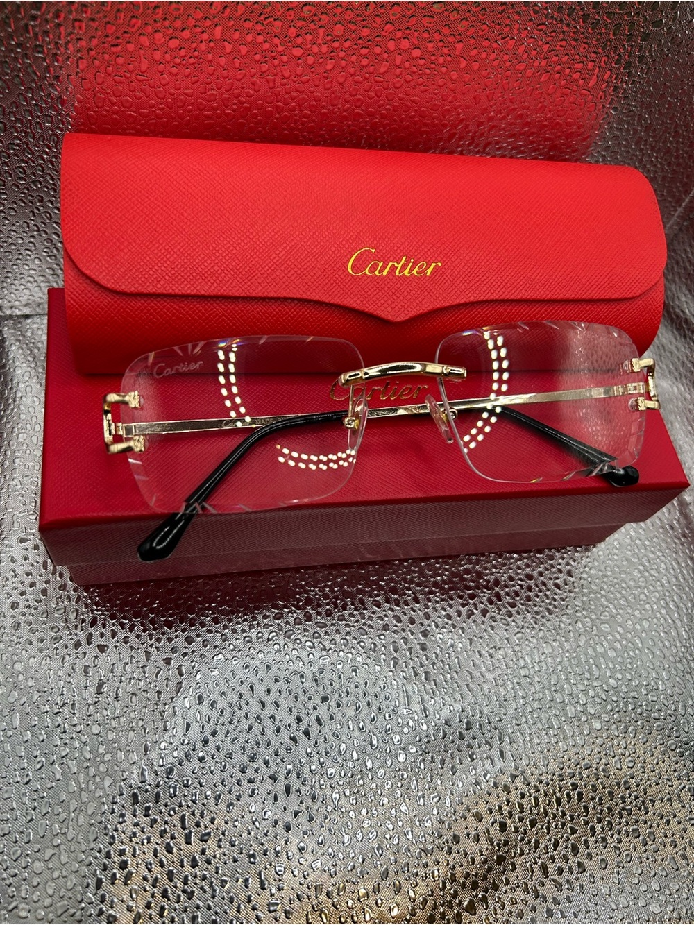 Gold Rimless Women's Glasses with Black Temples and Red Case